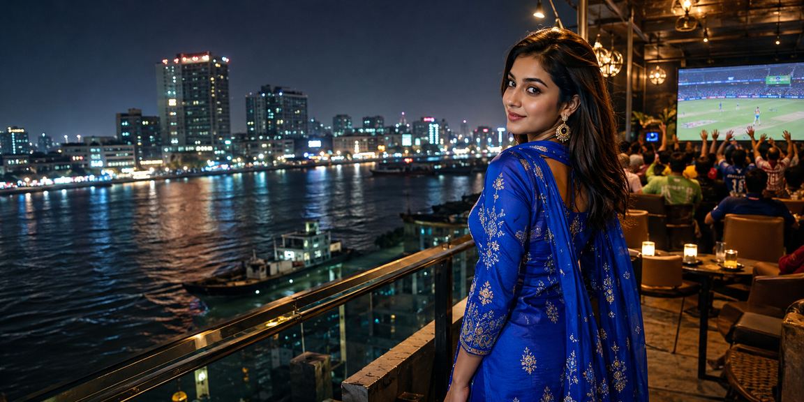 ঢাকায় সালোয়ার কামিজ পরা নারী মোবাইলে ক্রিকেট বেটিং উপভোগ করছেন